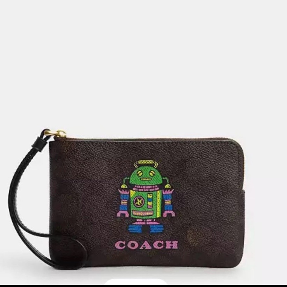 Coach Corner Zip Wristlet In Signature Canvas With Robot Print